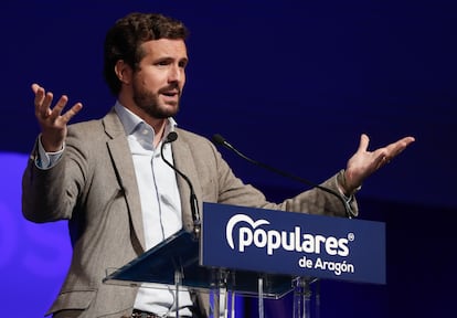 El presidente del PP, Pablo Casado, durante el XIV Congreso Autonómico del Partido Popular de Aragón, en Zaragoza.