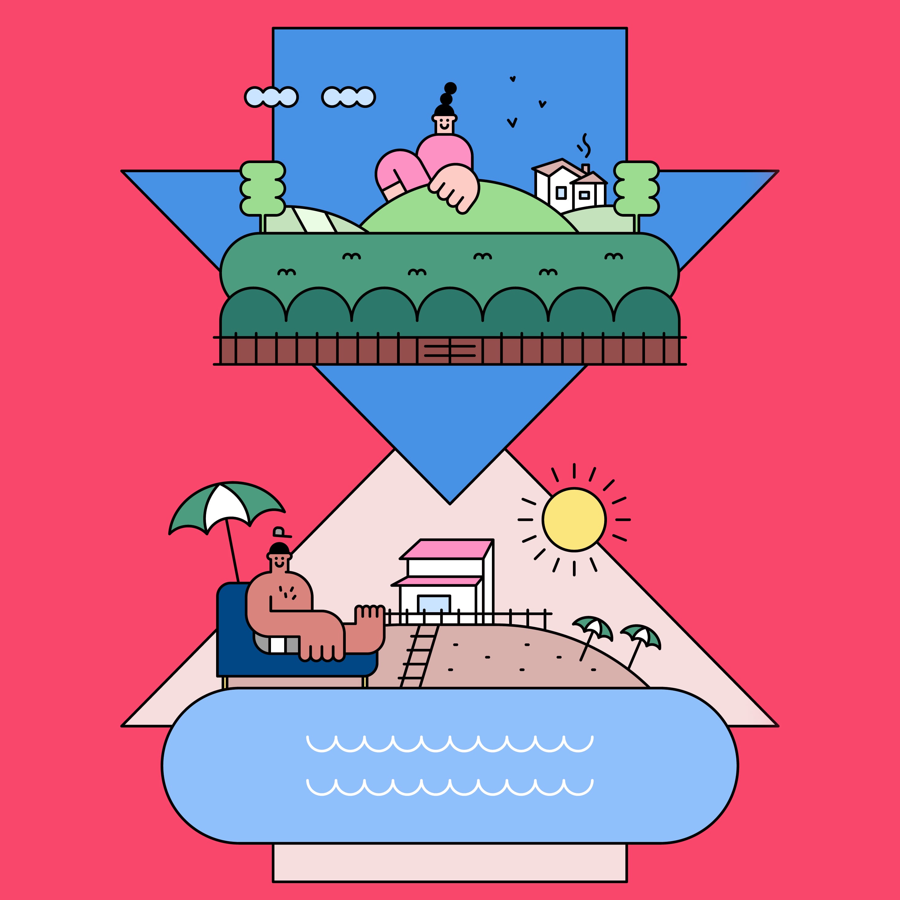 Ilustración del intercambio de casas en vacaciones de la guía de verano 2025 de El Viajero.