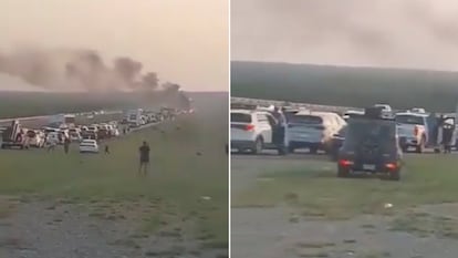 Fotograma de videos compartidos en redes sociales sobre los enfrentamientos en la autopista Monterrey-Reynosa el 28 de abril 2024.
