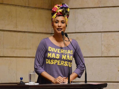 A vereadora Marielle Franco, durante um pronunciamento na Prefeitura do Rio de Janeiro em dezembro de 2017.