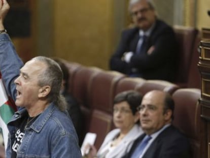 El portavoz de Amaiur Sabino Cuadra exhibe una ikurriña al término de su intervención este miércoles en el Congreso. 