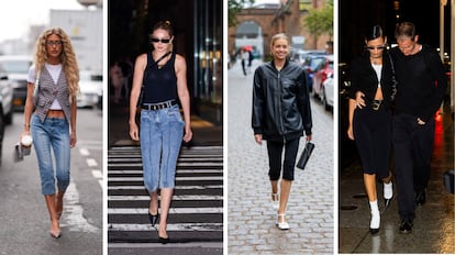 De Izq. a Dcha: Emili Sindlev, Gigi Hadid, Hanna Stefansson y Bella Hadid vistiendo un street style con pantalones capri. Imágenes: GETTY IMAGES.