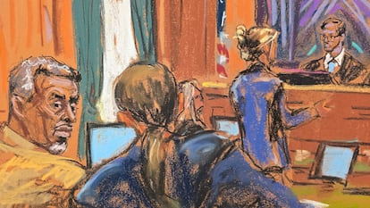 Sean Combs en la vista anterior a su juicio celebrada el 25 de abril en Nueva York, en un boceto realizado en la corte.