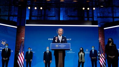 O presidente eleito dos Estados Unidos, Joe Biden, durante a apresentação dos primeiros membros do seu Governo, nesta terça-feira, em Wilmington (Delaware).