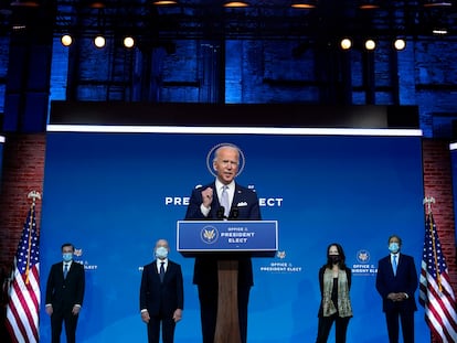 O presidente eleito dos Estados Unidos, Joe Biden, durante a apresentação dos primeiros membros do seu Governo, nesta terça-feira, em Wilmington (Delaware).