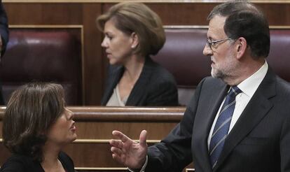 Sáenz de Santamaria, De Cospedal y Rajoy, en el Congreso.