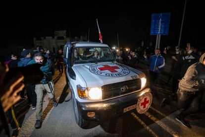 A Red Cross convoy carrying Israeli and foreign hostages heads to Egypt from the Gaza Strip at the Rafah border crossing on Sunday, Nov. 26, 2023