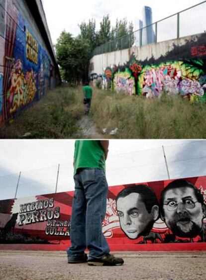 En la imagen de arriba, dos muros con grafitis junto a las cocheras de la EMT, en el distrito e Fuencarral. Abajo, las imágenes de Zapatero y Rajoy en el parque Ana Tutor.