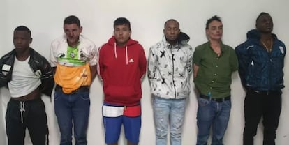 The six suspects arrested in relation to the murder of presidential candidate Fernando Villavicencio.