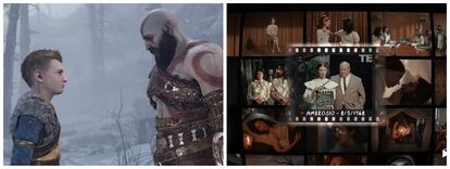 A la izquierda, una escena de 'God of War', ejemplo de narrativa clásica; a la derecha, 'Immortality', con su narrativa fragmentada y experimental.