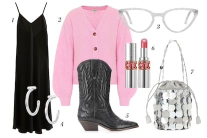 1. Amlul Vestido tipo slip dress 2. Baum und Pferdgarten Cárdigan 3. Komono Gafas de lectura 4. Uno de 50 Pendientes aro 5. Isabel Marant Botas tipo cowboy 6. Yves Saint Laurent Beauty Labial Rock'n'Shine 7. Paco Rabbane Bolso de fiesta.