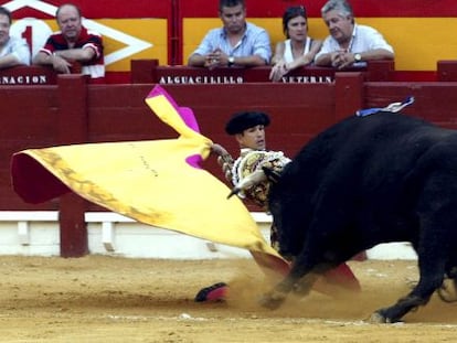 Jos&eacute; Mar&iacute;a Manzanares recibe de rodillas al segundo de su lote.