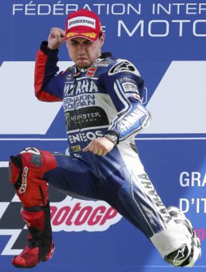 Yamaha rider Jorge Lorenzo celebrates his win.