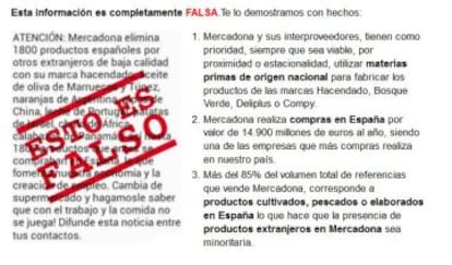 Imagen que Mercadona ha colgado en su página web con el supuesto bulo que circula por las redes y sus explicaciones