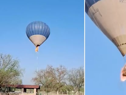 Imágenes de redes sociales muestran el momento en el que se incendia un globo aerostático en Teotihuacán, Estado de México, el 1 de abril 2023.