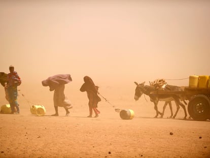 Mujeres y niñas, buscan agua en Wajir, Kenia, durante una tormenta de arena. El este de Afríca sufre la peor sequía de los últimos 20 años.