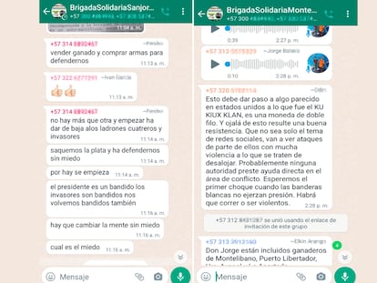 Conversaciones de Whastapp de las brigadas ganaderas de Córdoba con mensajes violentos.