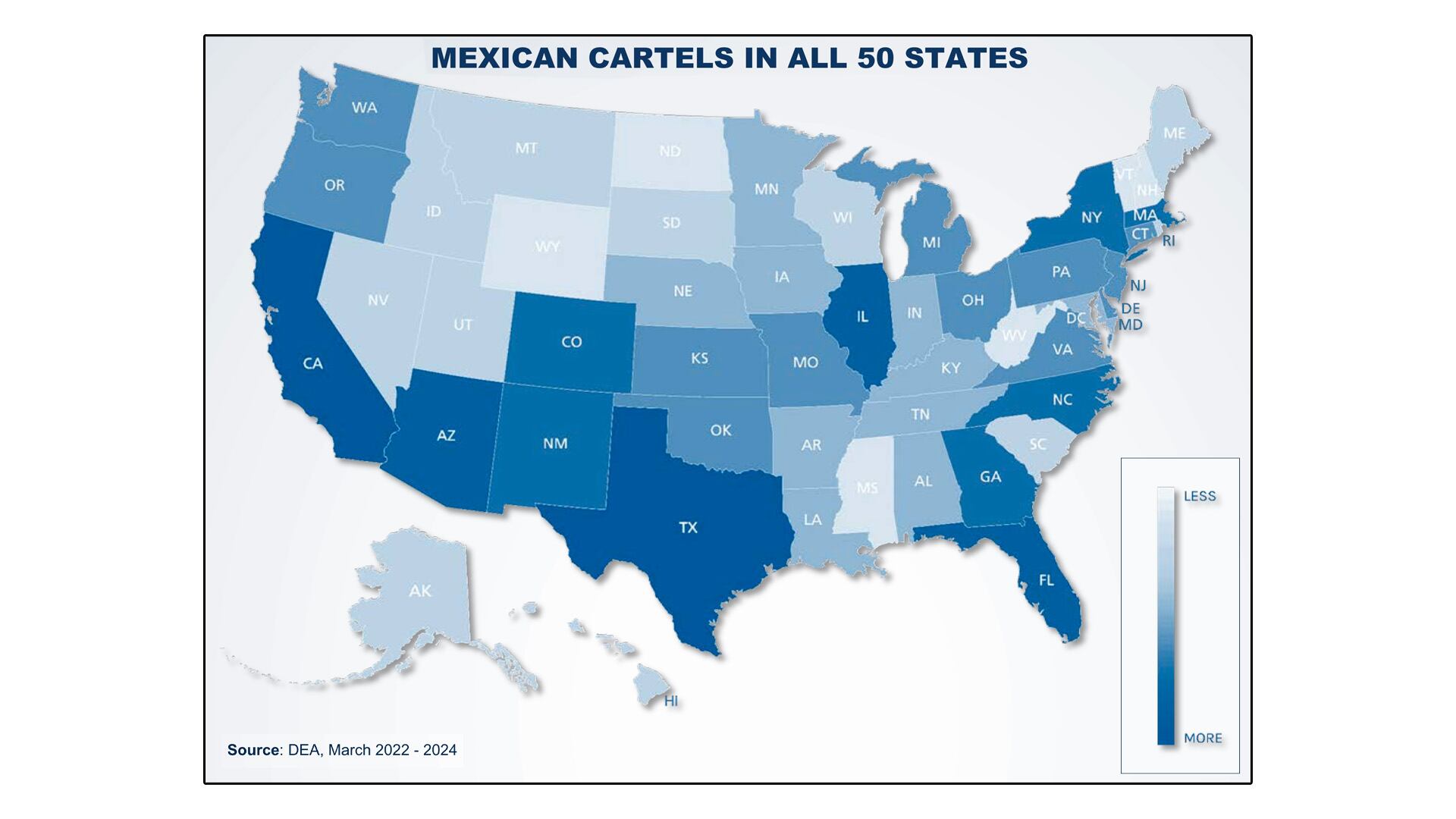 Este mapa indica mayor o menor presencia de cárteles de narcotráfico mexicanos en los 50 estados de la unión americana.