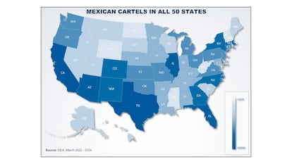 This map indicates the greater or lesser presence of Mexican drug trafficking cartels in the 50 U.S. states. 