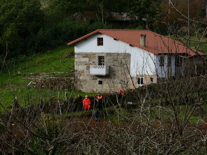 Agentes de la Guardia Civil inspeccionan una finca de Cortegada (Ourense) donde se hallaron restos humanos.