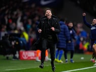 Diego Pablo Simeone celebra el tercer gol del Atlético ante el Barcelona.