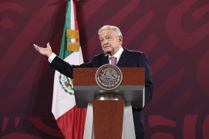 Andrés Manuel López Obrador durante la conferencia de esta mañana en Palacio Nacional.