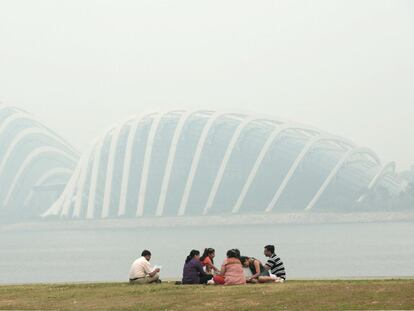 Un grupo de personas contempla la cúpula del jardín botánico rodeado de contaminación en Singapur.
