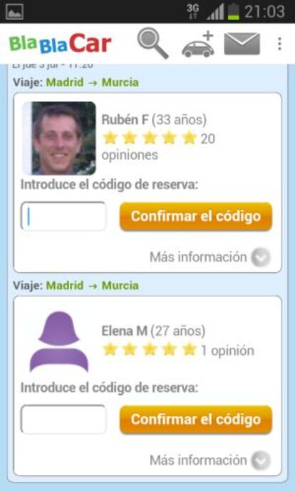 La página para introducir el código tras realizar un viaje en Blablacar