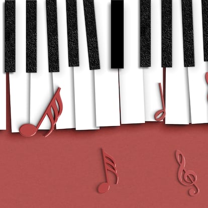 piano made of paper work musical notes in white background