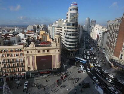 Vista de la Gran Vía, en una imagen tomada desde la plaza de Callao.