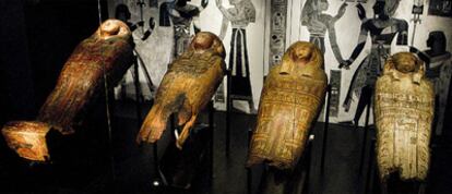 Sarcófagos hallados en el Valle de las Reinas por Schiaparelli en 1906 y expuestos en el Museo Egipcio, ayer.