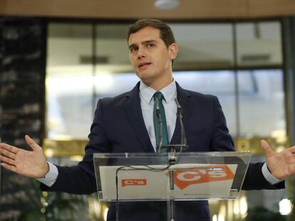 Albert Rivera, durante la rueda de prensa en el Congreso tras la reunión con Mariano Rajoy.