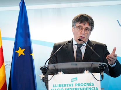 El presidente de Junts per Catalunya, Carles Puigdemont, durante una rueda de prensa en Bruselas la semana pasada.