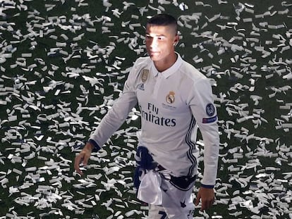 Cristiano Ronaldo, durante a celebração da Champions League.