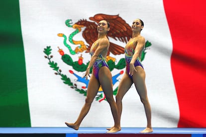 Las nadadoras mexicanas Joana Jiménez y Nuria Diosdado, durante una competencia en Corea del Sur en 2019