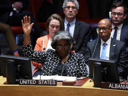 U.S. Ambassador to the UN Linda Thomas-Greenfield votes against a draft resolution during a meeting of the United Nations Security Council on the conflict between Israel and Hamas in New York, U.S., October 18, 2023.