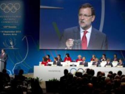 El presidente del Gobierno, Mariano Rajoy, durante su intervención en la presentación de la candidatura de Madrid 2020