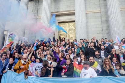 Celebración de la aprobación de la 'ley trans' en la entrada del Congreso de los Diputados, en diciembre de 2022.