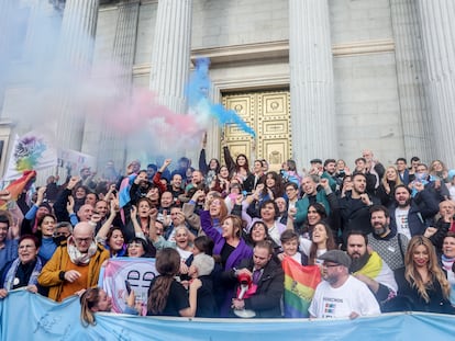 Colectivos trans celebran la aprobación de su ley, junto a los responsables del Ministerio de Igualdad, este jueves a la puerta del Congreso.