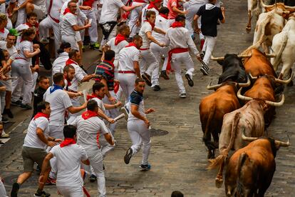 La Palmosilla's fighting bulls among runners during the first day of the running of the bulls during the San Fermin fiestas in Pamplona on July 7, 2023.