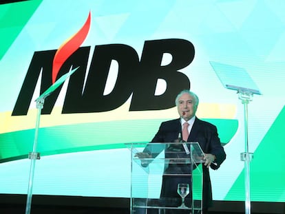 Temer, na conven&ccedil;&atilde;o do partido, que j&aacute; trazia a sigla &quot;MDB&quot;.