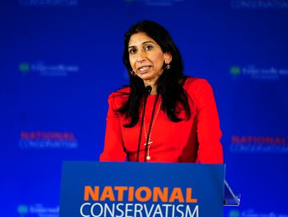 La ministra británica del Interior, Suella Braverman, el 15 de mayo en Londres, durante la conferencia del National Conservatism