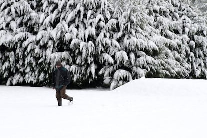  Un hombre camina por un parque en Palas de Rei, localidad lucense que la nieve cubr&iacute;a hoy con su manto blanco. La Xunta mantiene seis carreteras, todas en Lugo, cortadas al tr&aacute;fico pesado y con cadenas para el resto de los veh&iacute;culos 