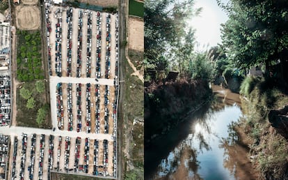 A la izquierda, desguace de coches en la Huerta de Murcia, entre dos acequias. A la derecha, una zona bien conservada por donde discurre una de las acequias mayores.