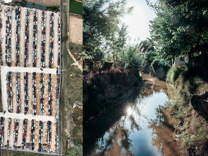 A la izquierda, desguace de coches en la Huerta de Murcia, entre dos acequias. A la derecha, una zona bien conservada por donde discurre una de las acequias mayores.