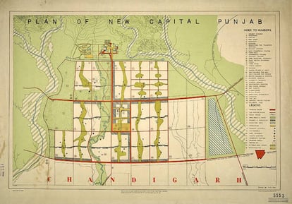 Plan maestro de Chandigarh con los sectores numerados, dibujado en 1951 y revisado en 1953.