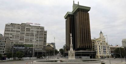 La Plaza de Colón en la capital vacía con motivo del confinamiento. 