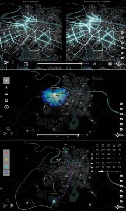 Plataforma de visualización Mobility Experience: flujos de vehículos, tiempos y costes de desplazamiento.