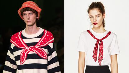 No solo de inspirarse en las colecciones femeninas viven las cadenas de moda pronta. En este caso, Zara transforma este jersey de la colección masculina de Gucci en camiseta con fondo liso (7,95 euros).