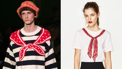 No solo de inspirarse en las colecciones femeninas viven las cadenas de moda pronta. En este caso, Zara transforma este jersey de la colección masculina de Gucci en camiseta con fondo liso (7,95 euros).